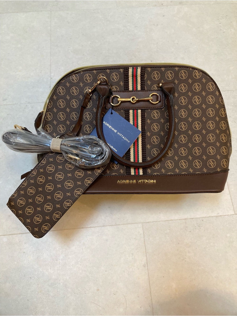 ADRIENNE VITTADINI Signature Sport Collection Dome Satchel w/ Pouch Chocolate